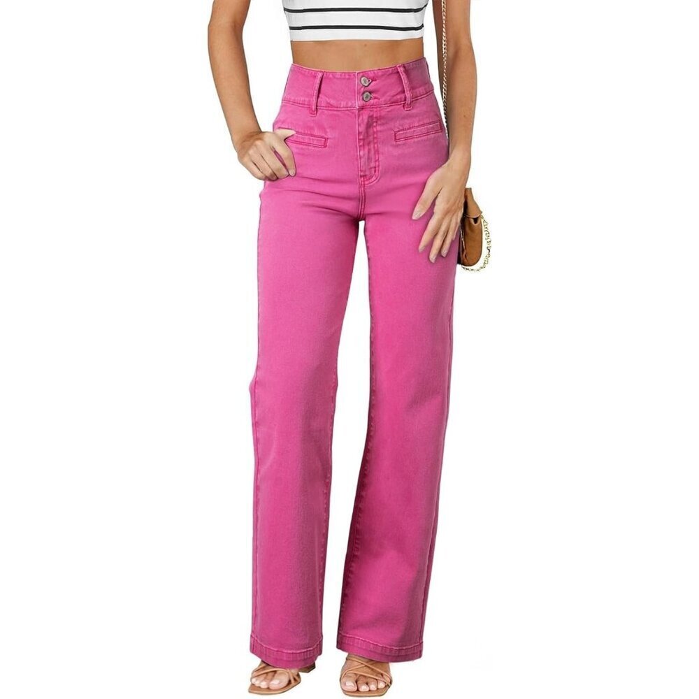 Women's Hot Pink High Waisted Straight Leg Stretchy Trendy Loose Denim Pants